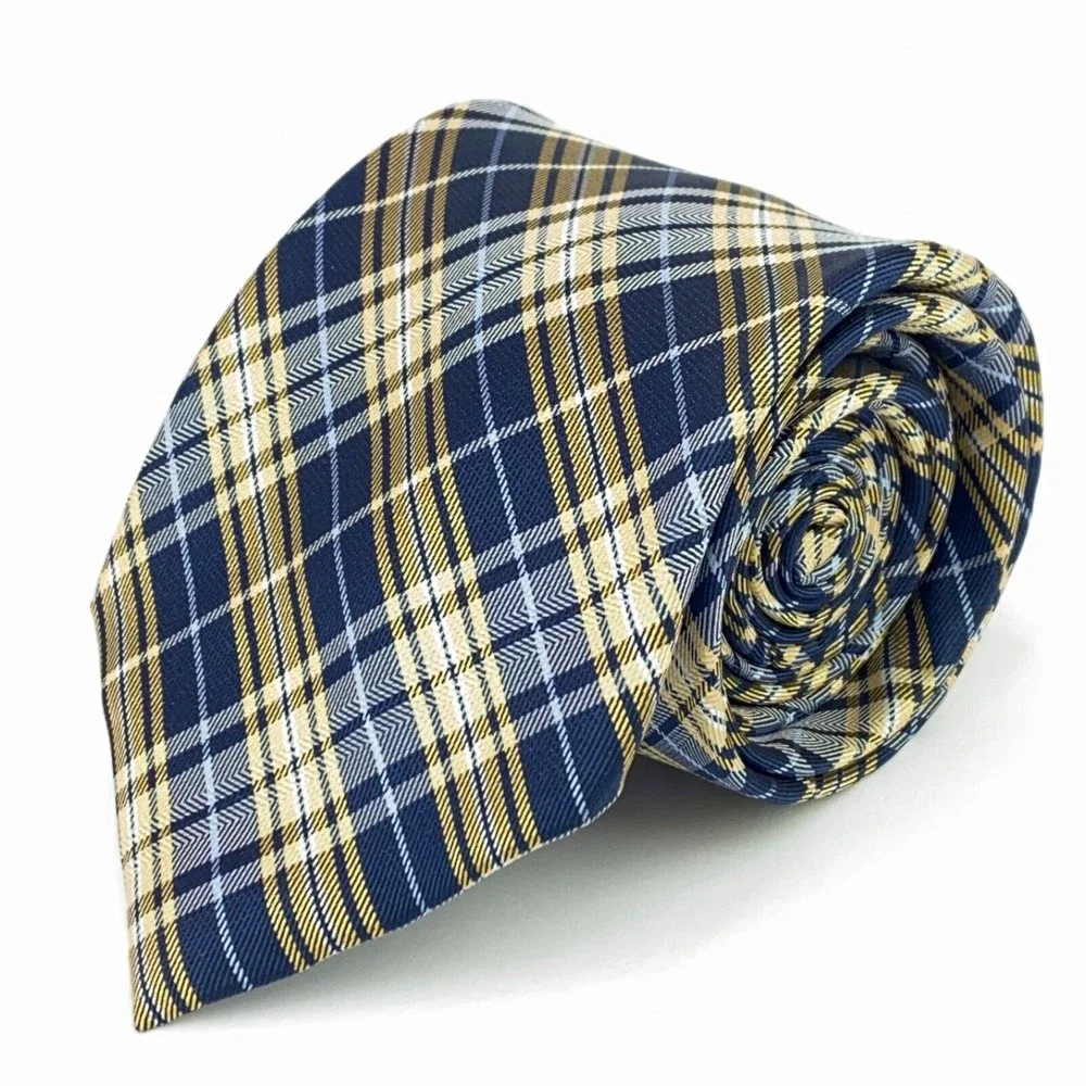 CHAPS Tie Navy & Light Blue Yellow Plaid Striped 100% Silk Hand Made Necktie 58
